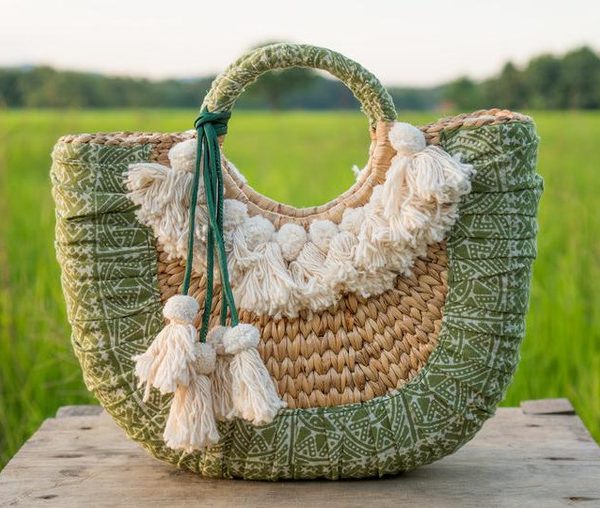 Handmade Khaki Pom Pom Baskets by Moroccan Artisans