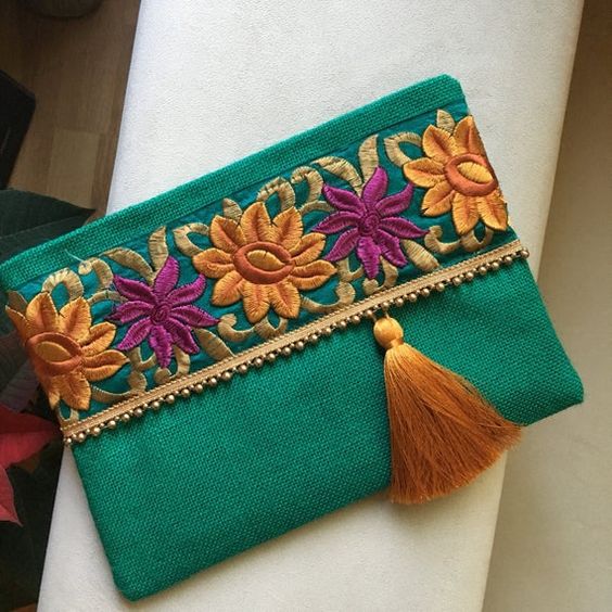 Teal Embroidered Moroccan Straw Clutch - Ethically Handcrafted