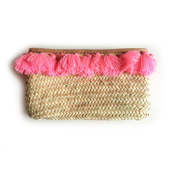 Straw Clutch Bag with Pink Pom Poms | Handmade Moroccan Eco-Friendly Chic Accessory