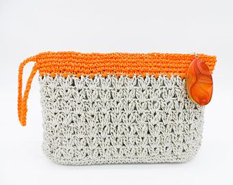 Moroccan Handwoven Straw Clutch - White/Orange
