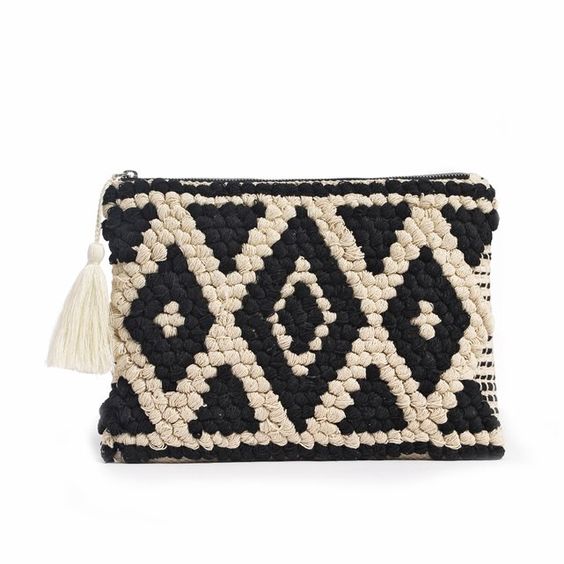 Handwoven Moroccan Straw Clutch - Black & White Ethical Handbag