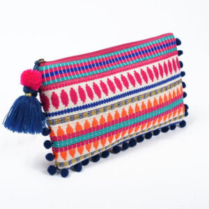 Handwoven Moroccan Straw Clutch with Embroidery & Pom-Poms