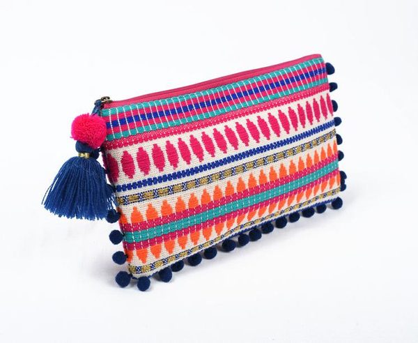 Handwoven Moroccan Straw Clutch with Embroidery & Pom-Poms