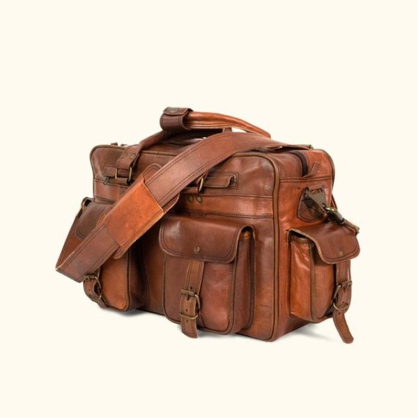 Distressed Tan Moroccan Leather Travel Bag | Spacious Compartment & Adjustable Strap