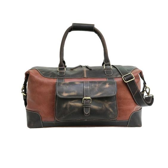 Black and Brown Leather Travel Bag with Adjustable Strap