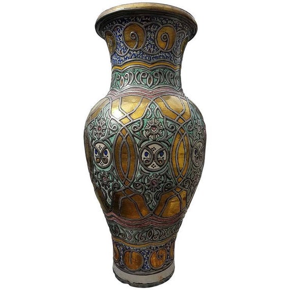 Handmade Moroccan Clay Vase with Brass Carvings