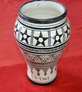 Vintage Moroccan Hand-Painted Black and White Pottery Vase