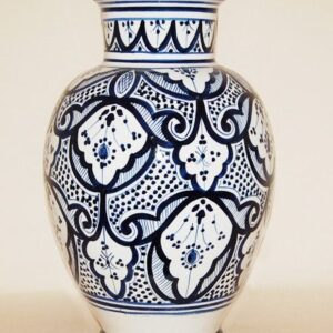 Vintage Moroccan Blue and White Majolica Pottery Vase with Brass Filigree Accents