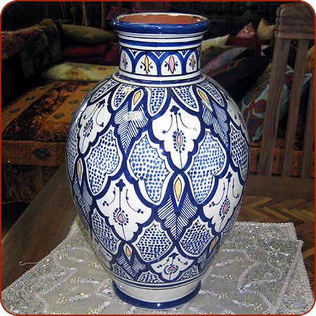 Vintage Moroccan Blue & White Hand-painted Vase with Brass Filigree