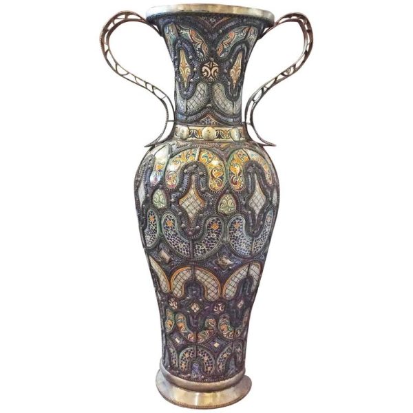 Elegant Moroccan Fes Ceramic Vase with Brass Handle