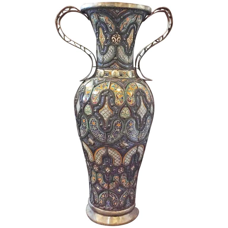 Elegant Moroccan Fes Ceramic Vase with Brass Handle