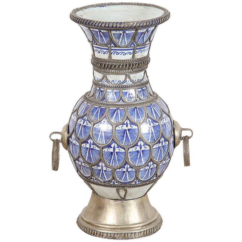 Hand-Painted Moroccan Blue & White Vase 161