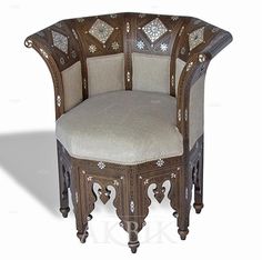 Moroccan Wood Chair with Marquetry Design & Mother of Pearl