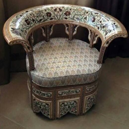 Moroccan Wood Chair 017 with Marquetry Design and Mother of Pearl Inlay