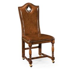 Moroccan Hand-Carved Cedarwood Wood Chair with Dark Brown Leather Seat