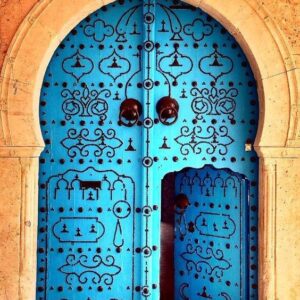 Blue Moroccan Arched Double Wood Doors - Handcrafted Luxury