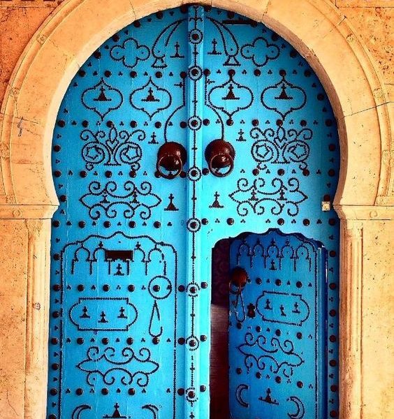 Blue Moroccan Arched Double Wood Doors - Handcrafted Luxury