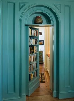 Teal Bookshelf Hidden Wood Door - Handcrafted in Morocco