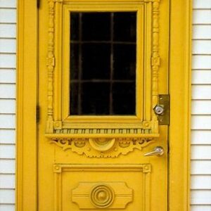 Vintage Yellow Moroccan Wood Door with Center Window | Handcrafted Solid Wood