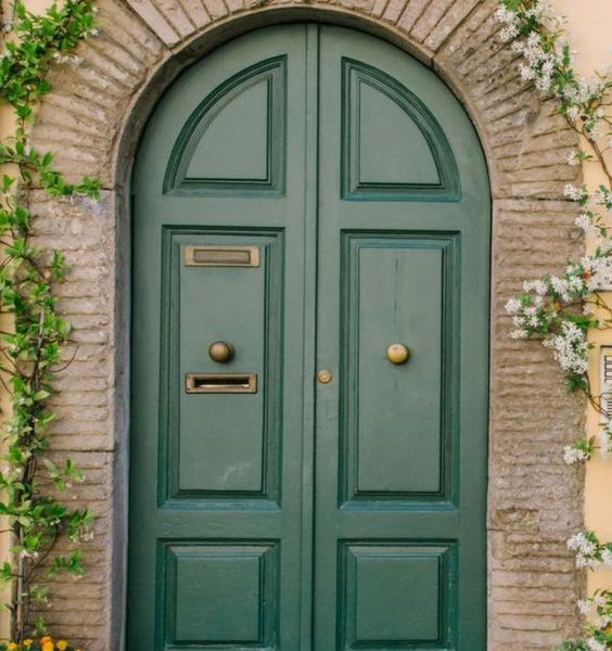 Botanical Green Solid Wood Double Door - Moroccan Craftsmanship