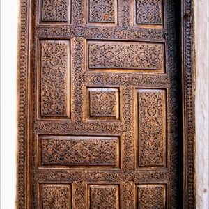 Vintage Moroccan Hand-Carved Wooden Door with Metallic Finish