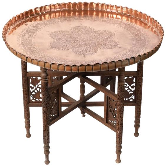 Moroccan Handmade Brass Table Tray with Wooden Legs - Unique Artisanal Charm for Home Décor