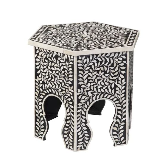 "Hand-Carved Moroccan Wood Table - Geometric Design and Premium Wood"