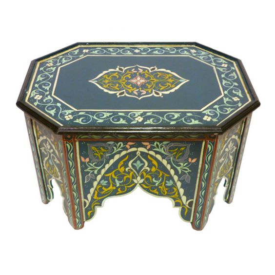 Hand-Painted Moroccan Wood Table with Intricate Moorish Arches