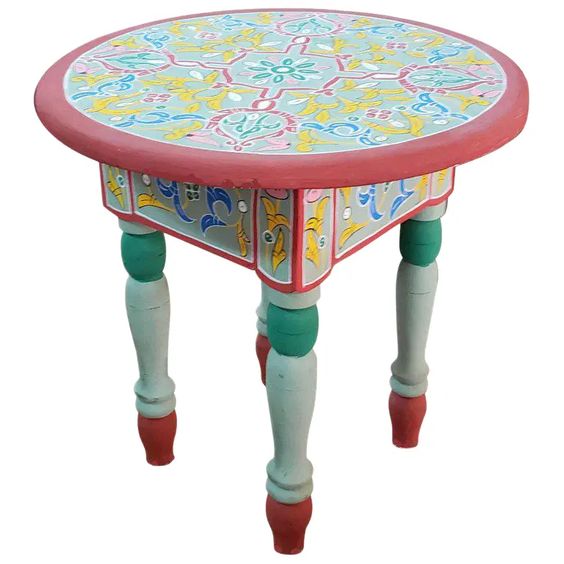 Hand-painted Moroccan Wood Table with Moorish Arches