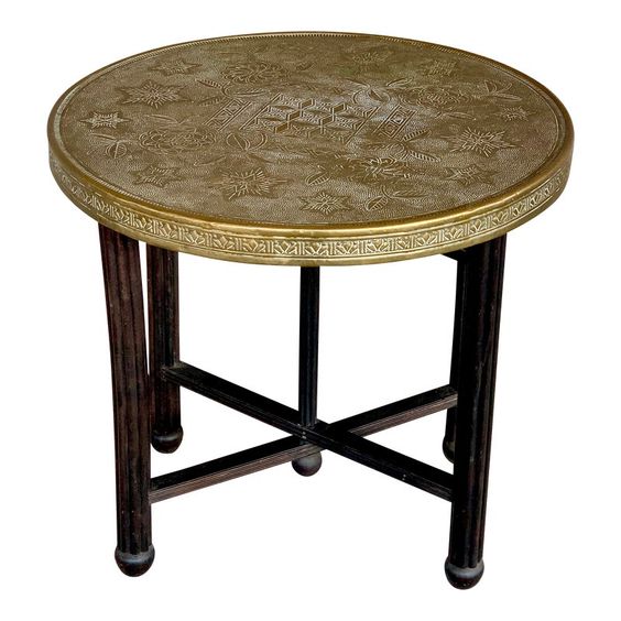Moroccan Handmade Brass Table Tray with Wooden Legs
