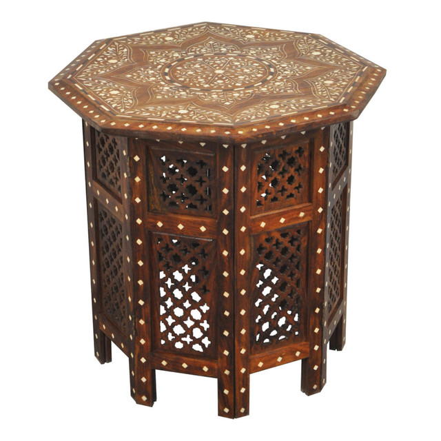 Hand-Carved Moroccan Wood Table - Geometric Design for Home Decor