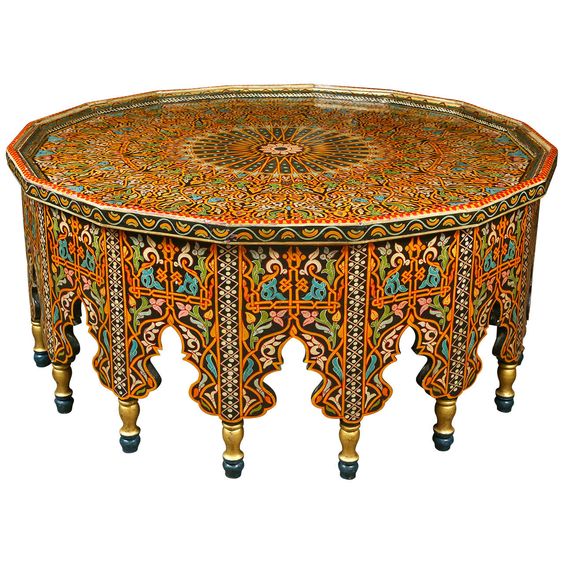 Hand-Carved Moroccan Wood Table with Intricate Arches