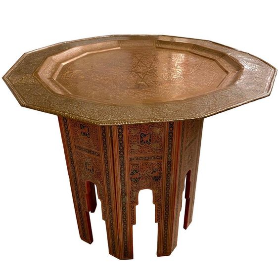 Handmade Moroccan Brass Table Tray with Wooden Legs
