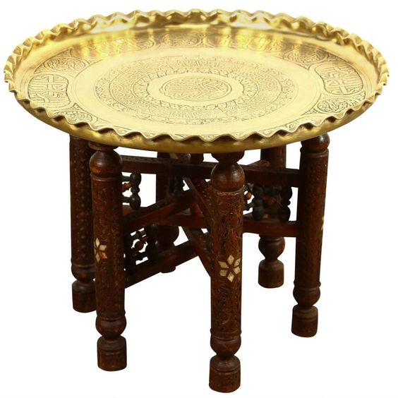 Moroccan Brass Table Tray on Wooden Legs