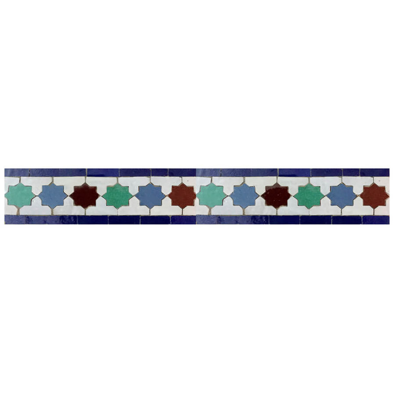 Moroccan Mosaic Border in Multicolor - Handmade Eight-Point Stars in Teal, Blue, Dark Brown, White - Glazed Finish - Durable Water-Resistant Tiles - Ideal for Residential Spaces