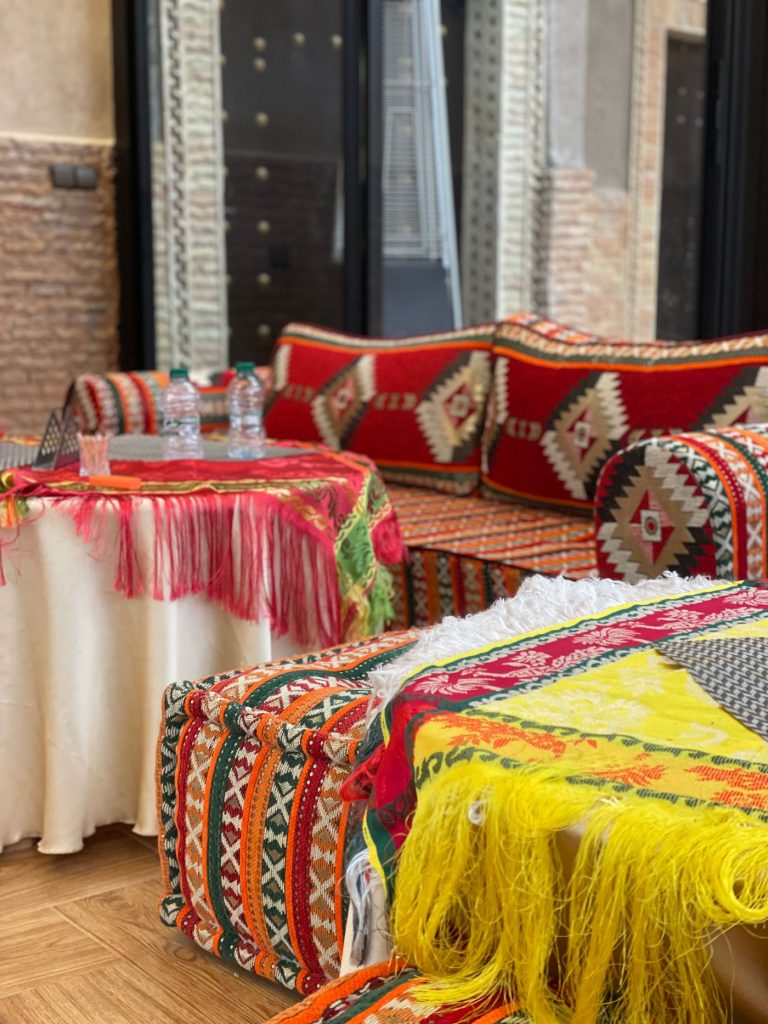 Kilim cushions on the banquette