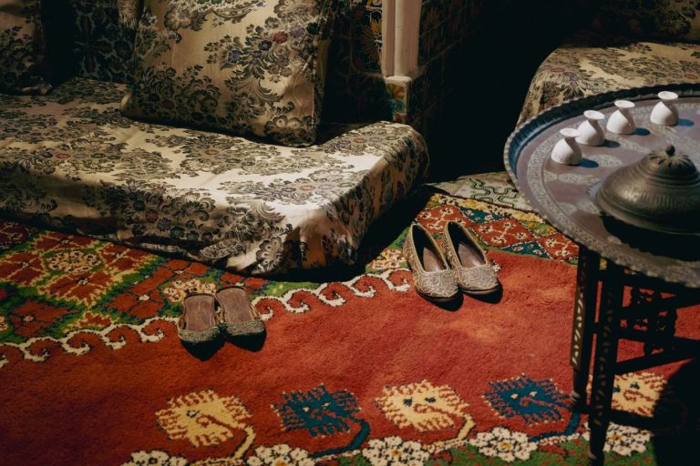Brass tray table on a Berber rug