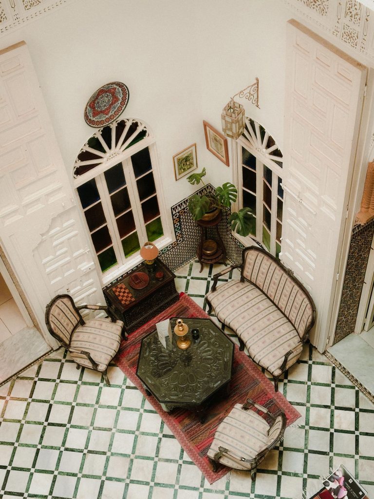 Arched windows over the seating